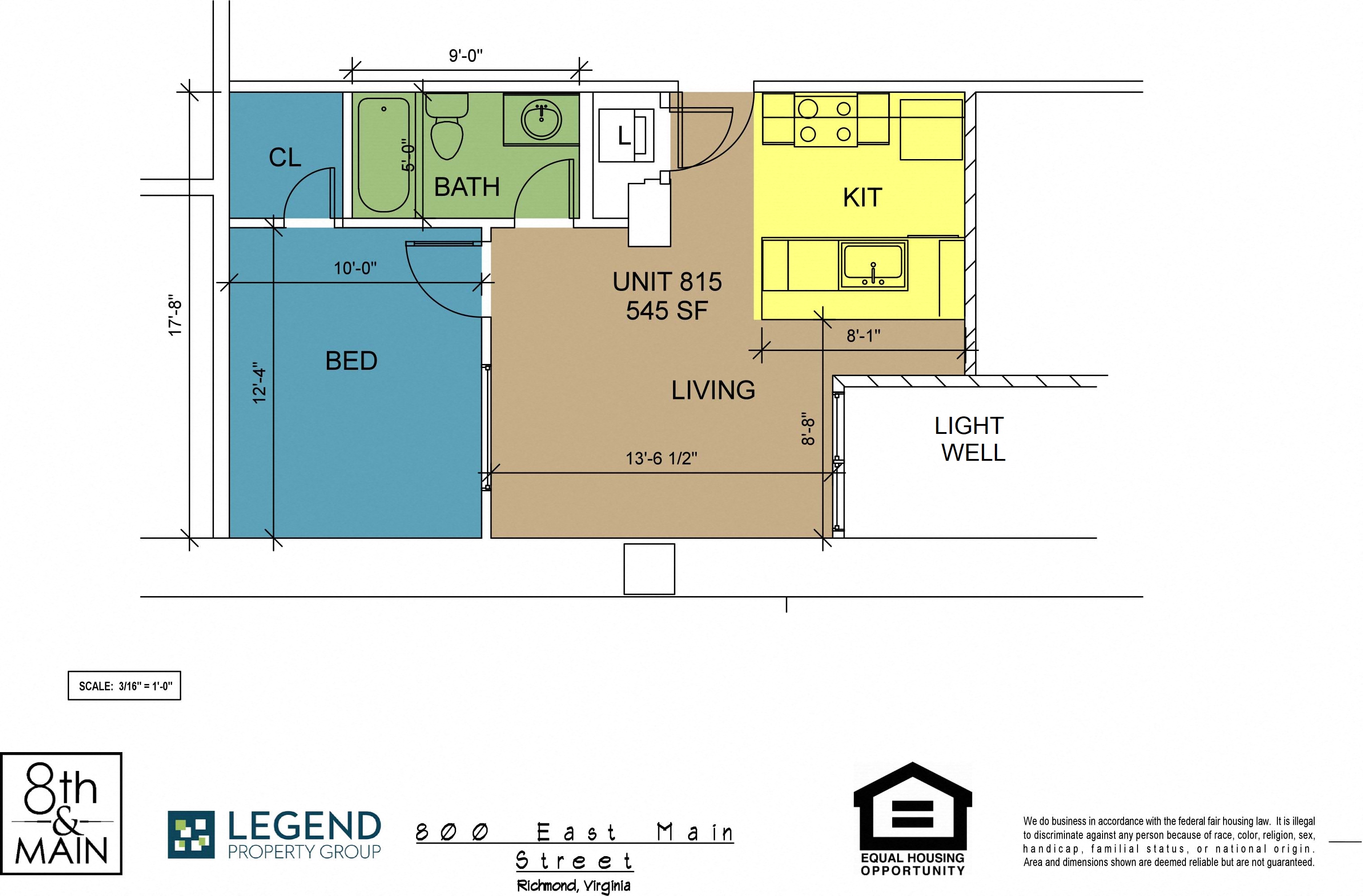 Floor plan for 1 bed, 1 bath, 545 sqft